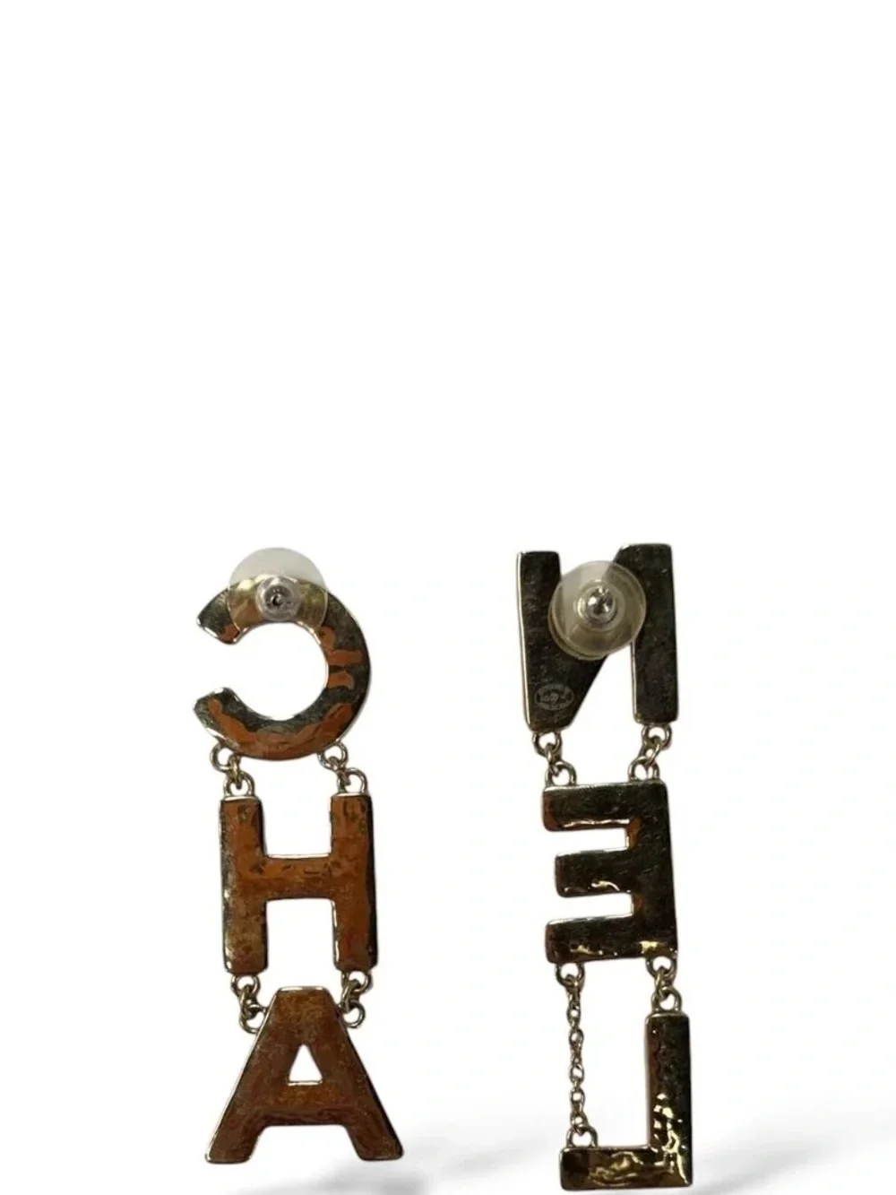 Chanel CC Enamel Logo Letter Drop Earrings Gold